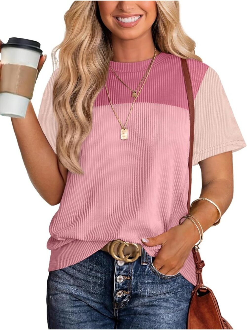 Women's Cream/Pink Color Block Short Sleeve Crewneck Casual Summer Knitted Top